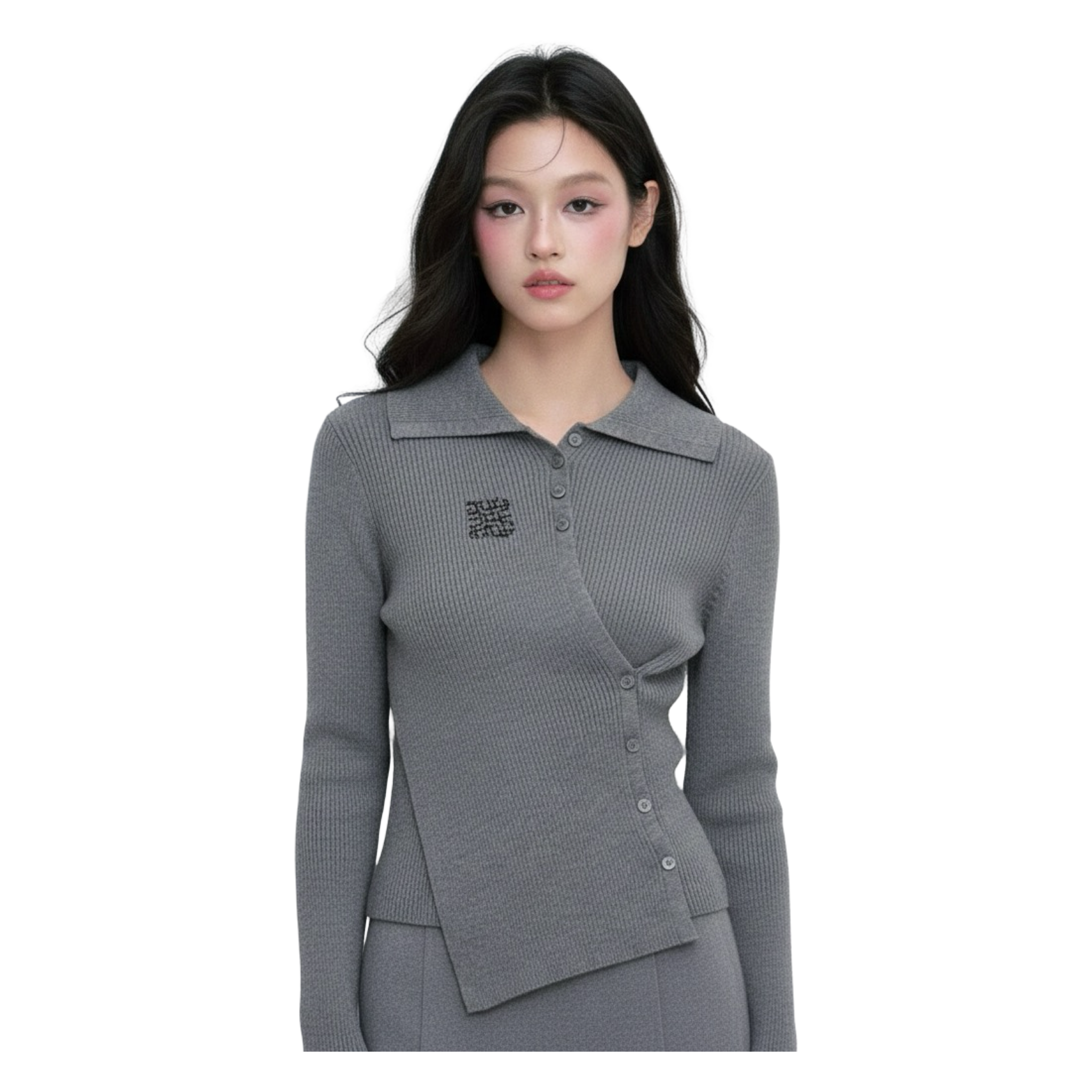 Knit Asymmetric Button Top – Grey