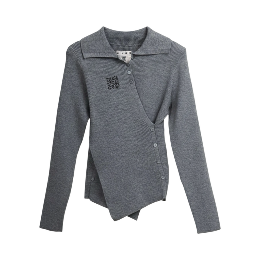 Knit Asymmetric Button Top – Grey