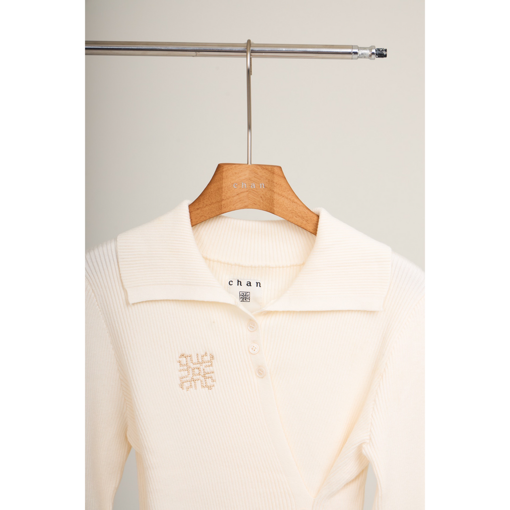 Knit Asymmetric Button Top – Beige
