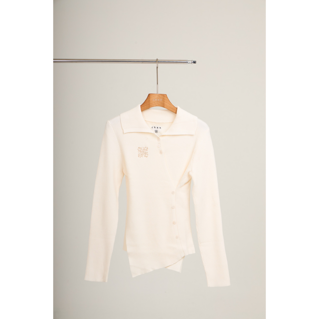 Knit Asymmetric Button Top – Beige
