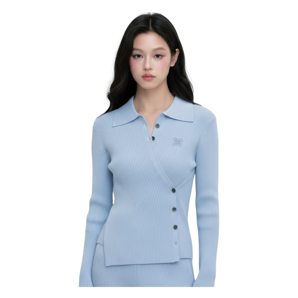 Knit Asymmetric Button Top – Baby Blue