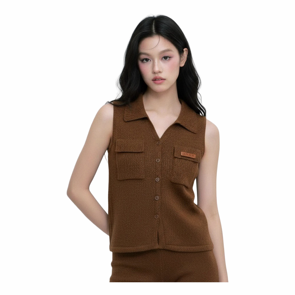 Sleeveless Knit Button Vest – Brown