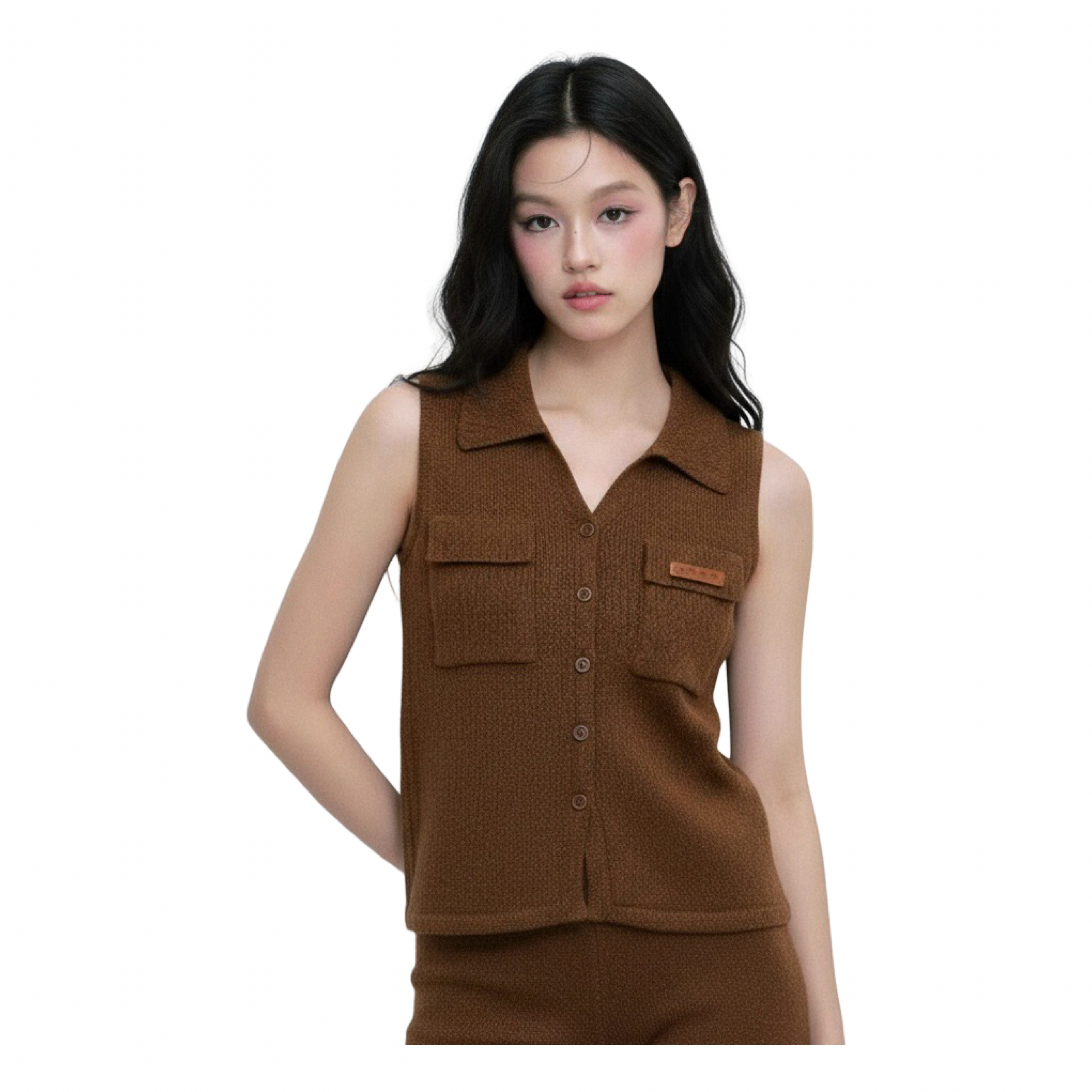 Sleeveless Knit Button Vest – Brown