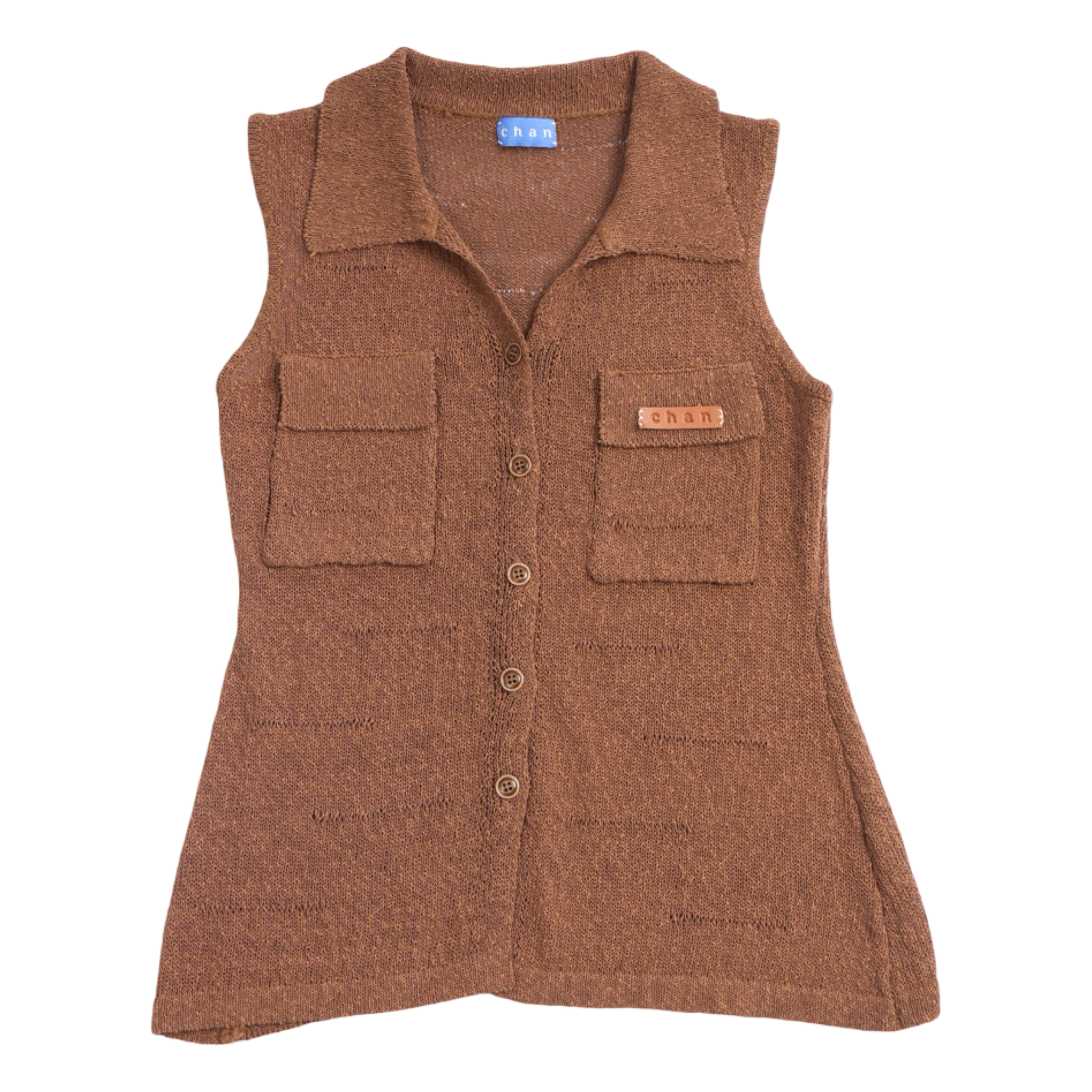 Sleeveless Knit Button Vest – Brown