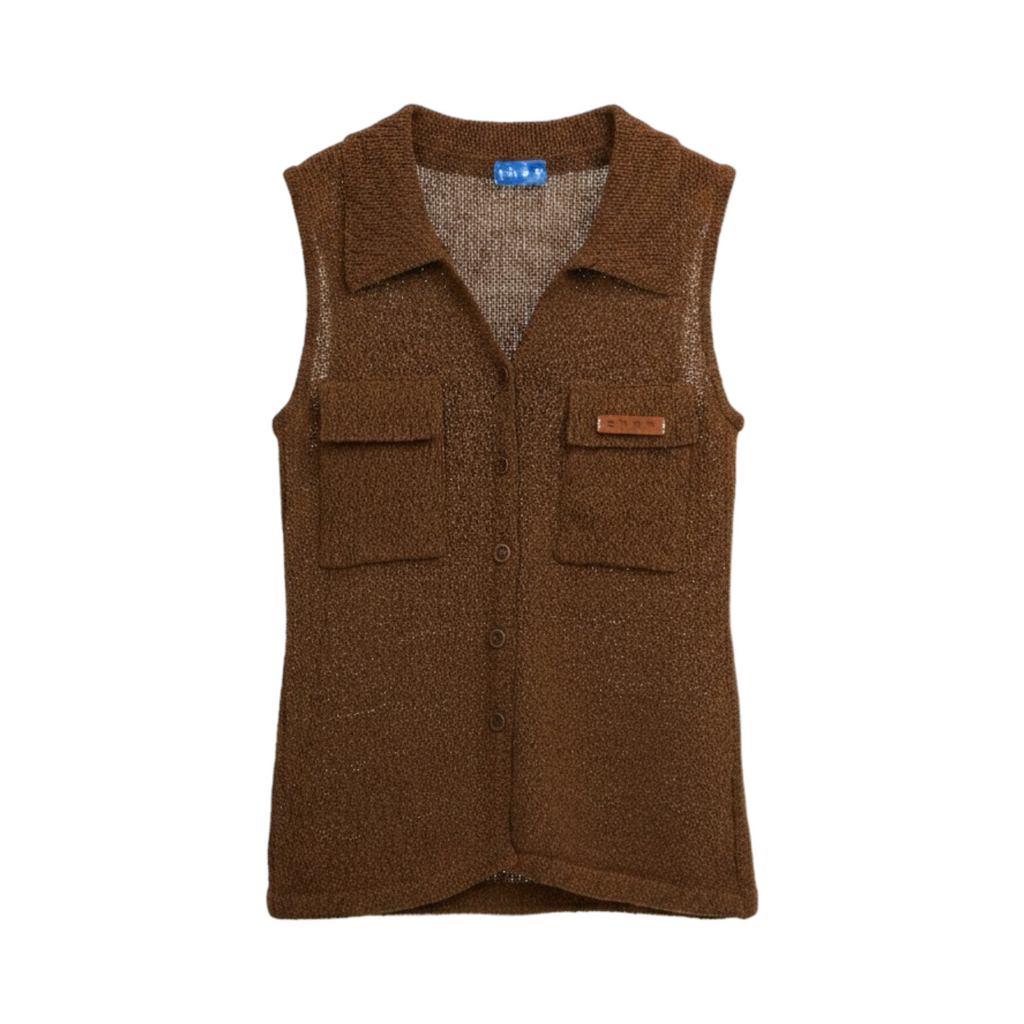 Sleeveless Knit Button Vest – Brown