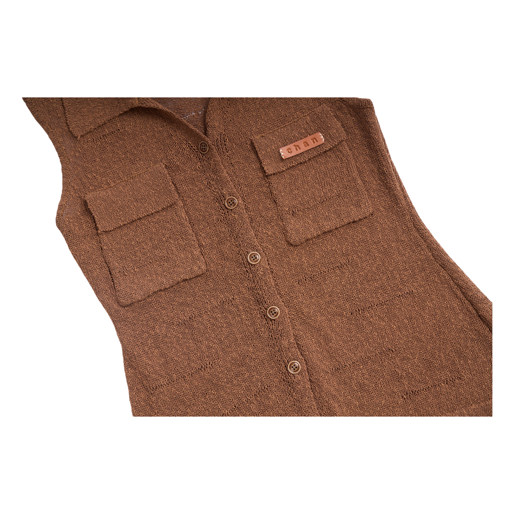 Sleeveless Knit Button Vest – Brown
