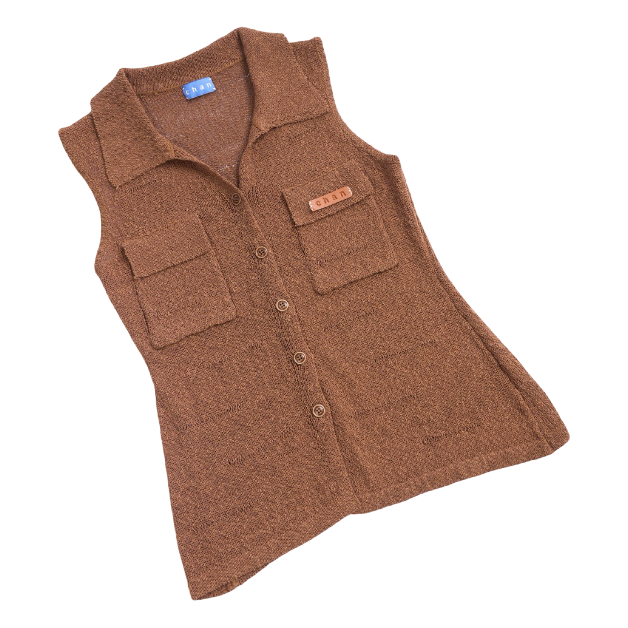 Sleeveless Knit Button Vest – Brown