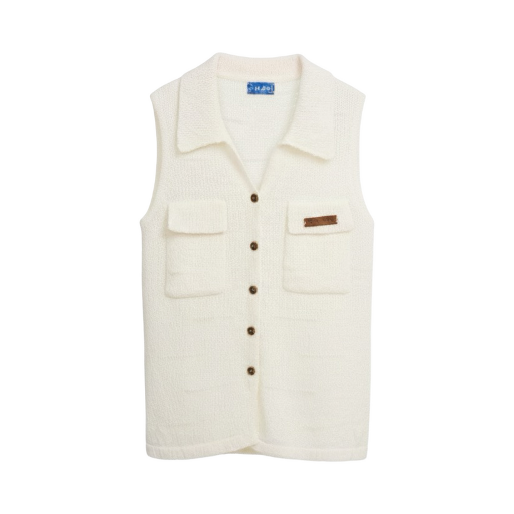 Sleeveless Knit Button Vest – White