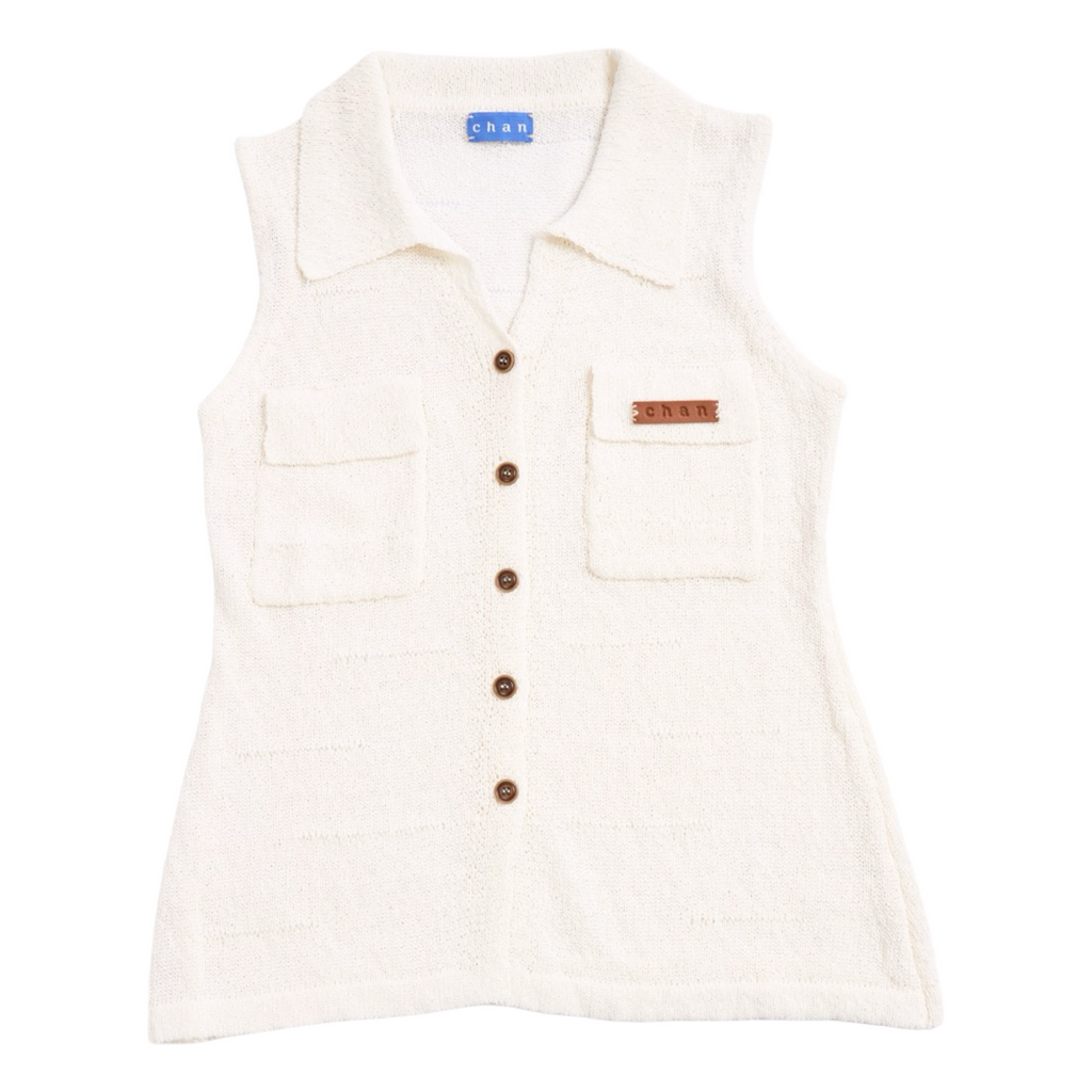 Sleeveless Knit Button Vest – White