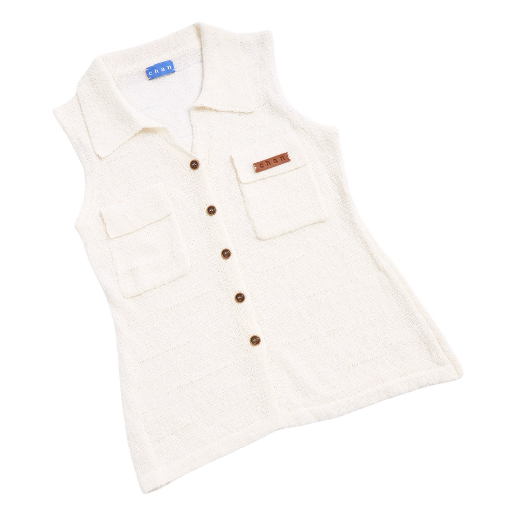 Sleeveless Knit Button Vest – White