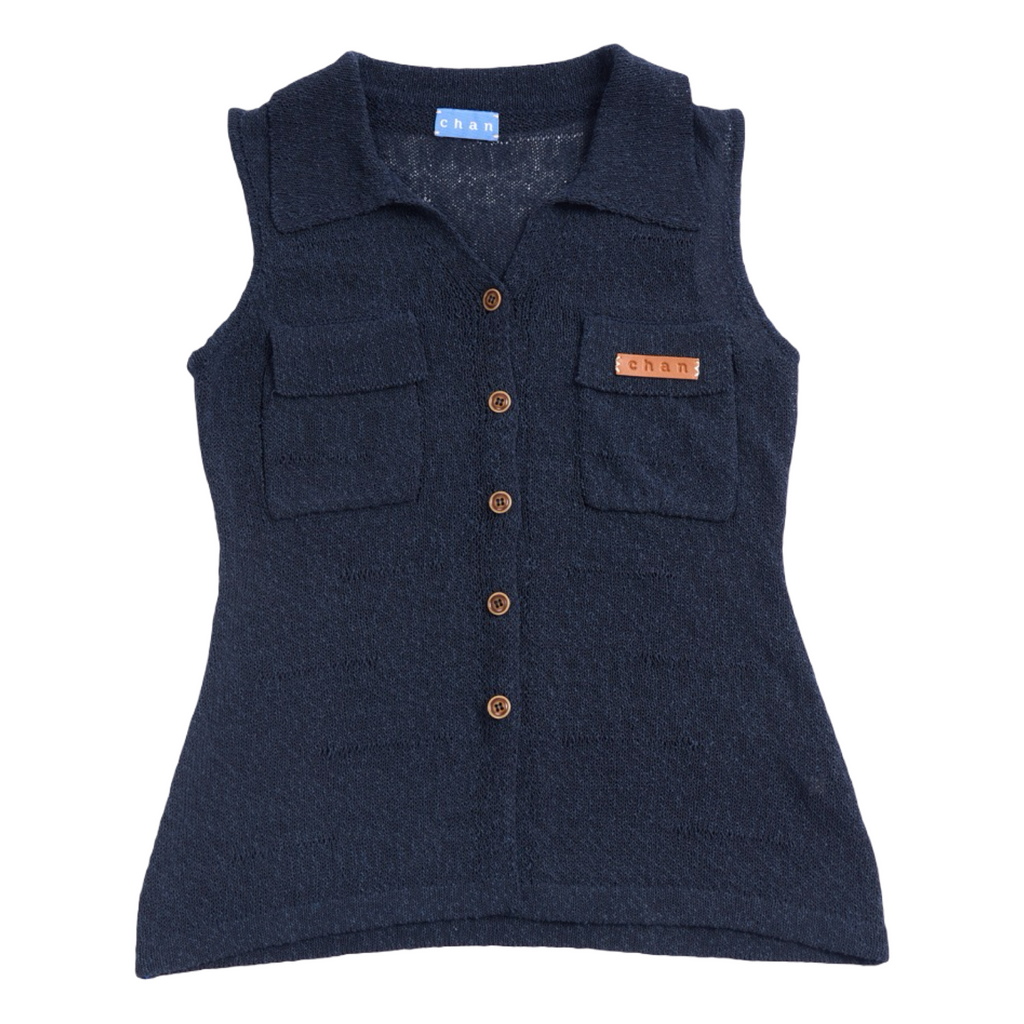 Sleeveless Knit Button Vest – Navy