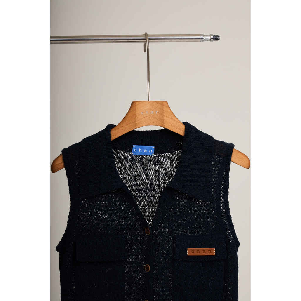 Sleeveless Knit Button Vest – Navy