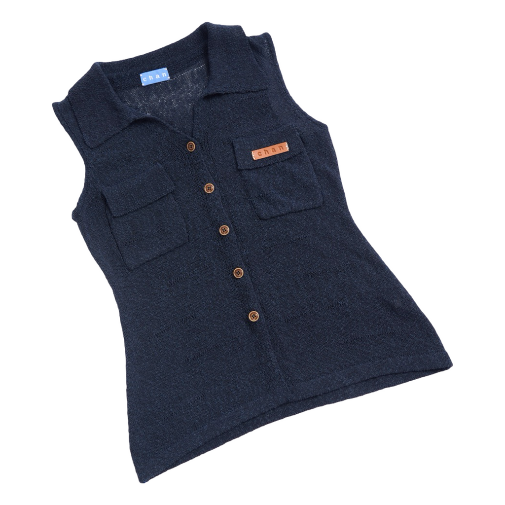 Sleeveless Knit Button Vest – Navy