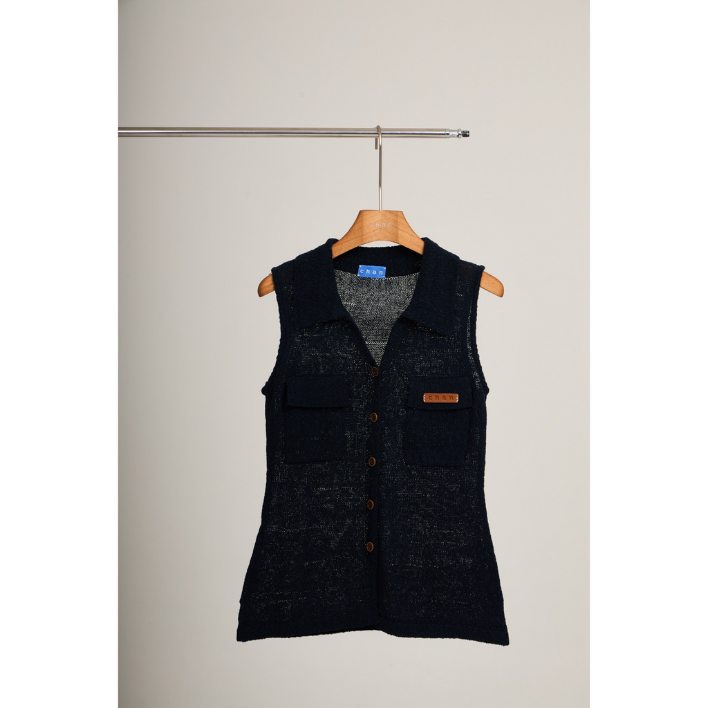 Sleeveless Knit Button Vest – Navy