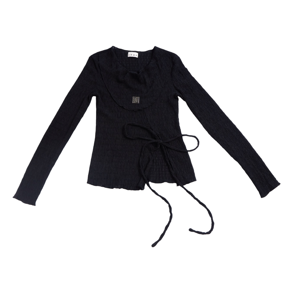 Pleated Wrap Long Sleeve Top – Black