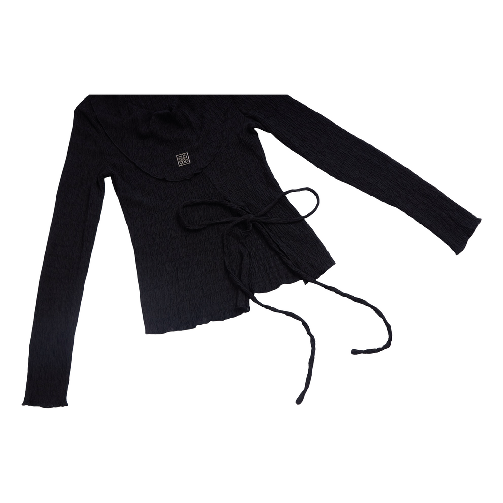Pleated Wrap Long Sleeve Top – Black