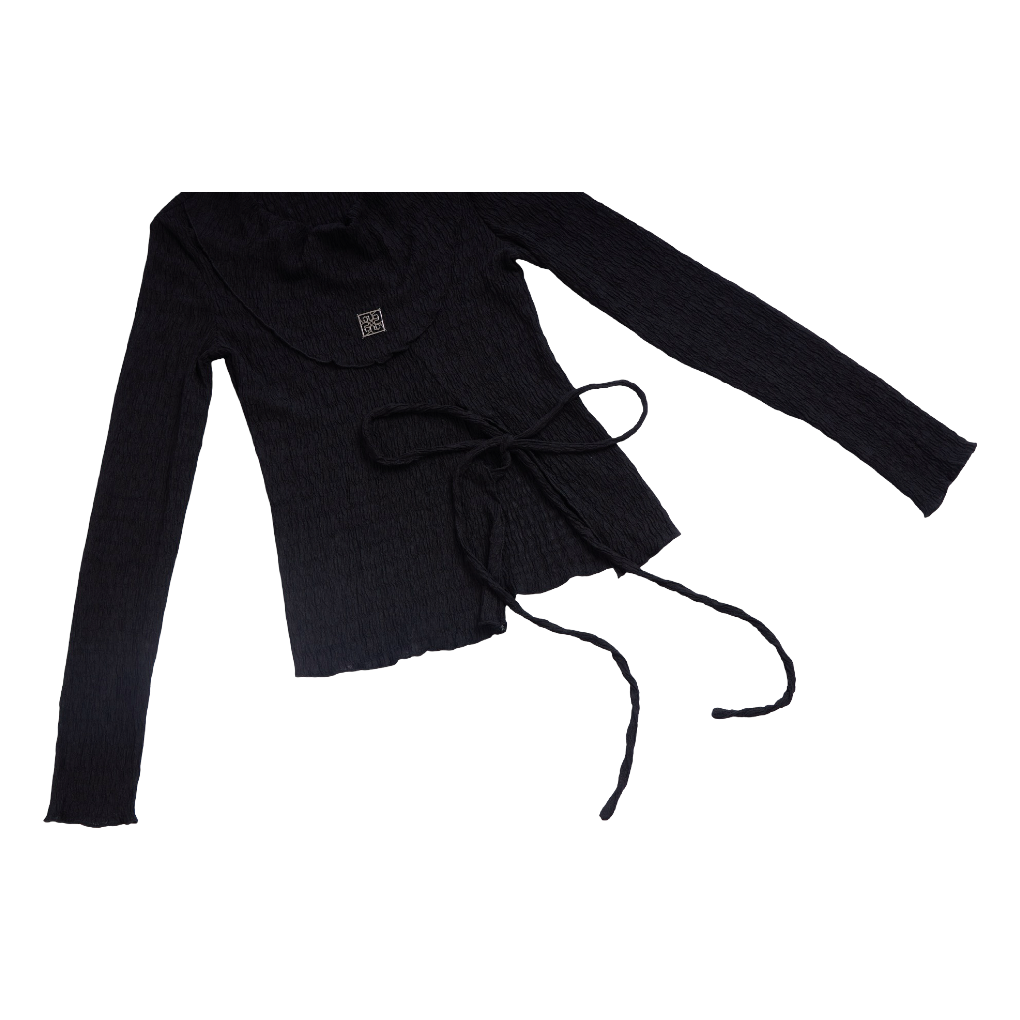 Pleated Wrap Long Sleeve Top – Black