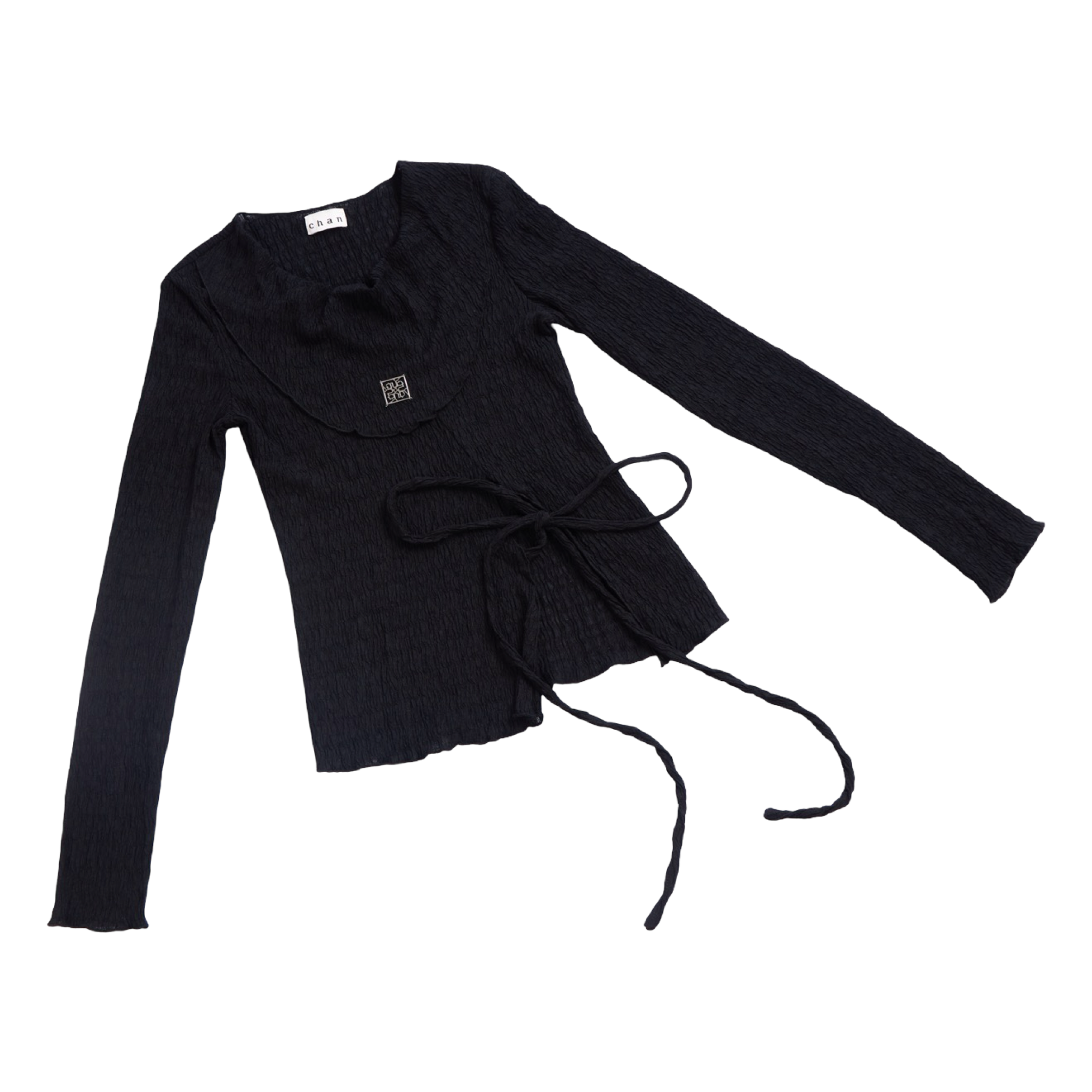 Pleated Wrap Long Sleeve Top – Black