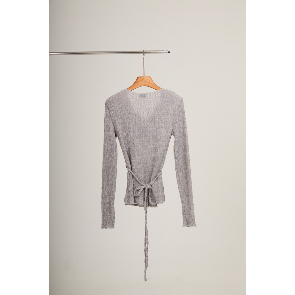 Pleated Wrap Long Sleeve Top – Light Grey