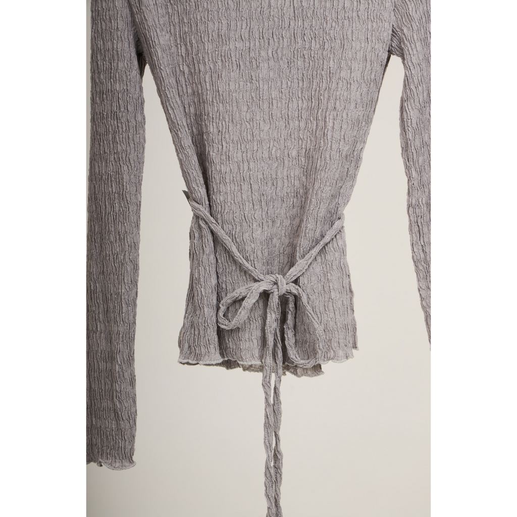 Pleated Wrap Long Sleeve Top – Light Grey