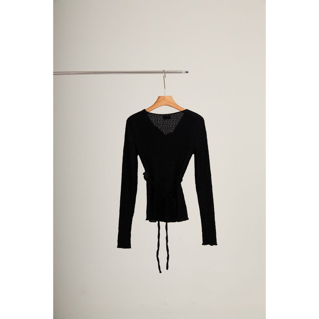 Pleated Wrap Long Sleeve Top – Black