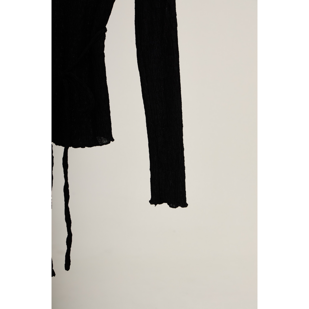 Pleated Wrap Long Sleeve Top – Black