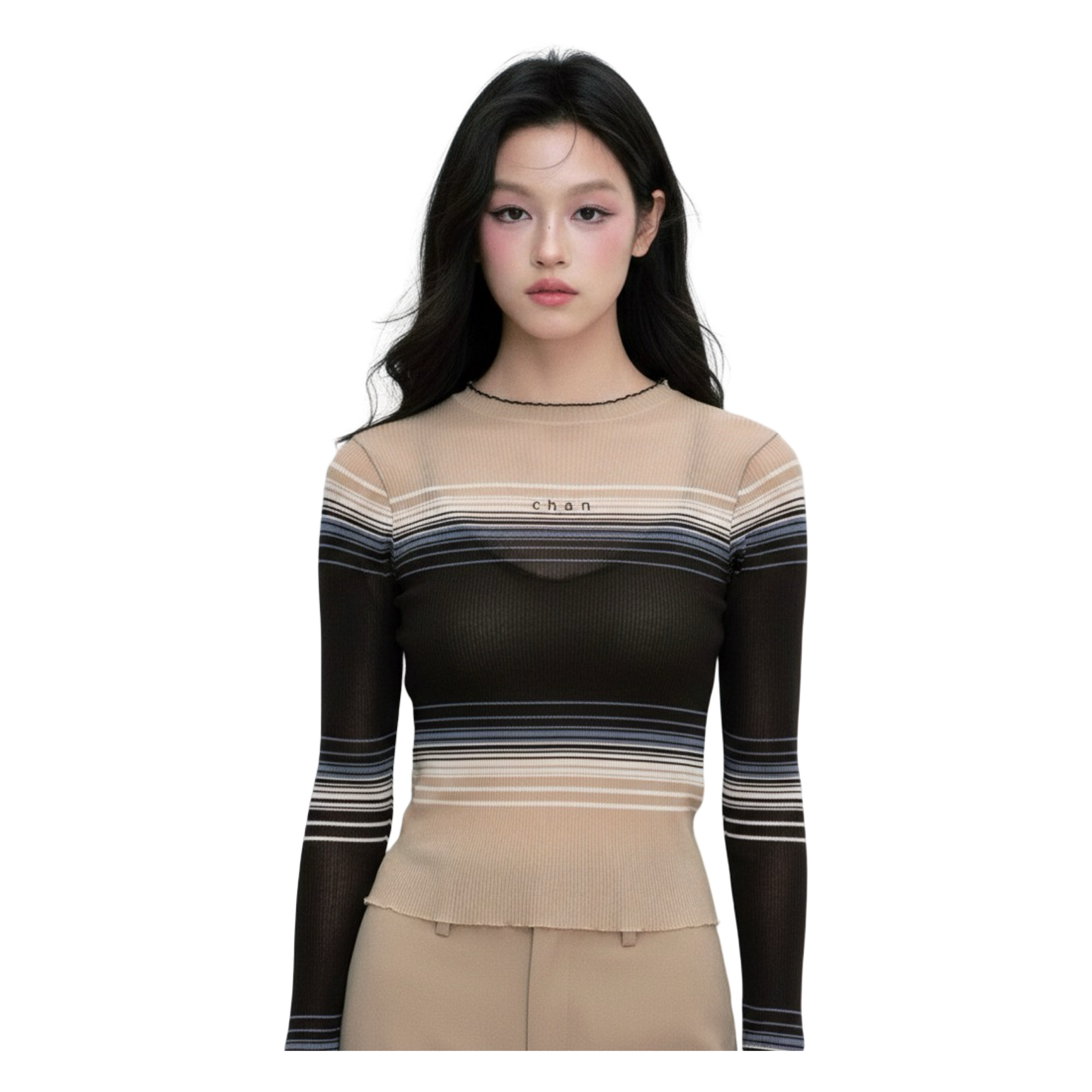 Long Sleeve Soft Stripe Knit Top – Navy Brown