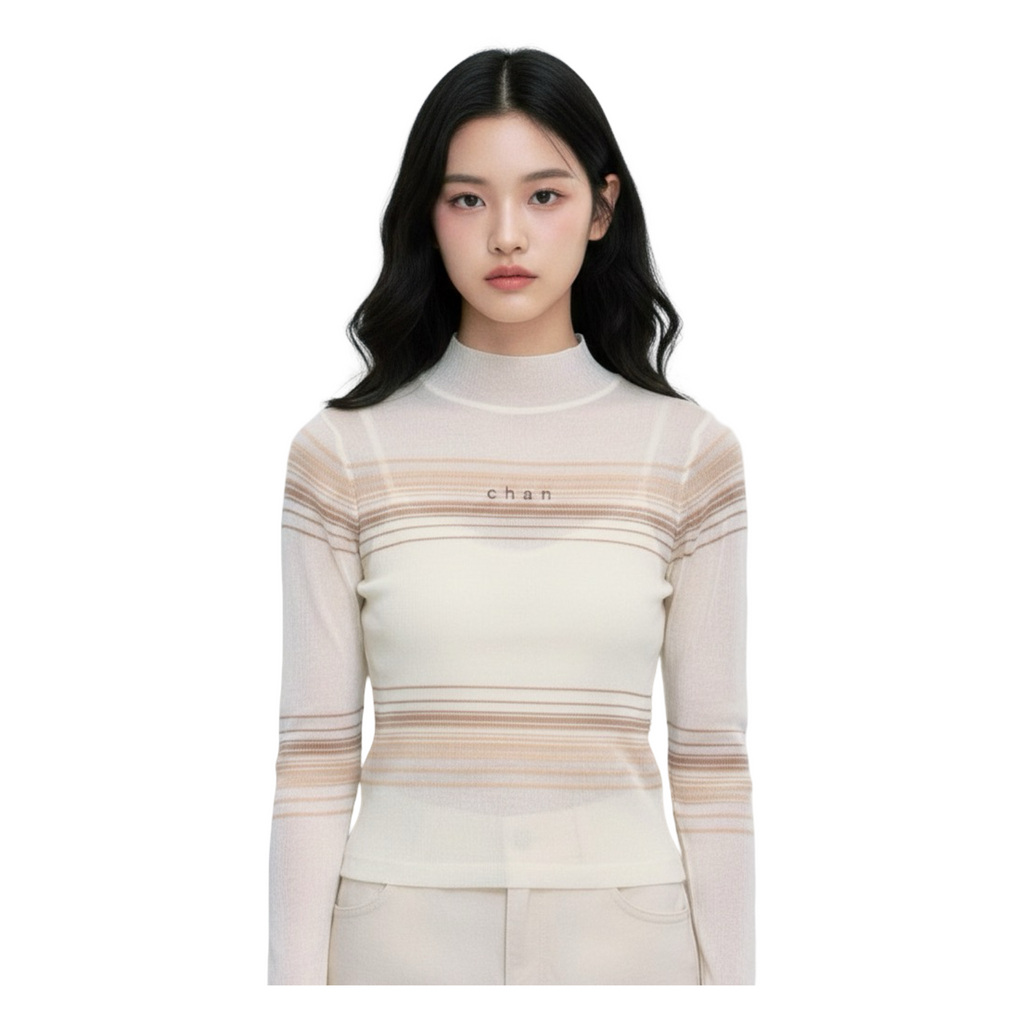 Long Sleeve Soft Stripe Knit Top – White Beige