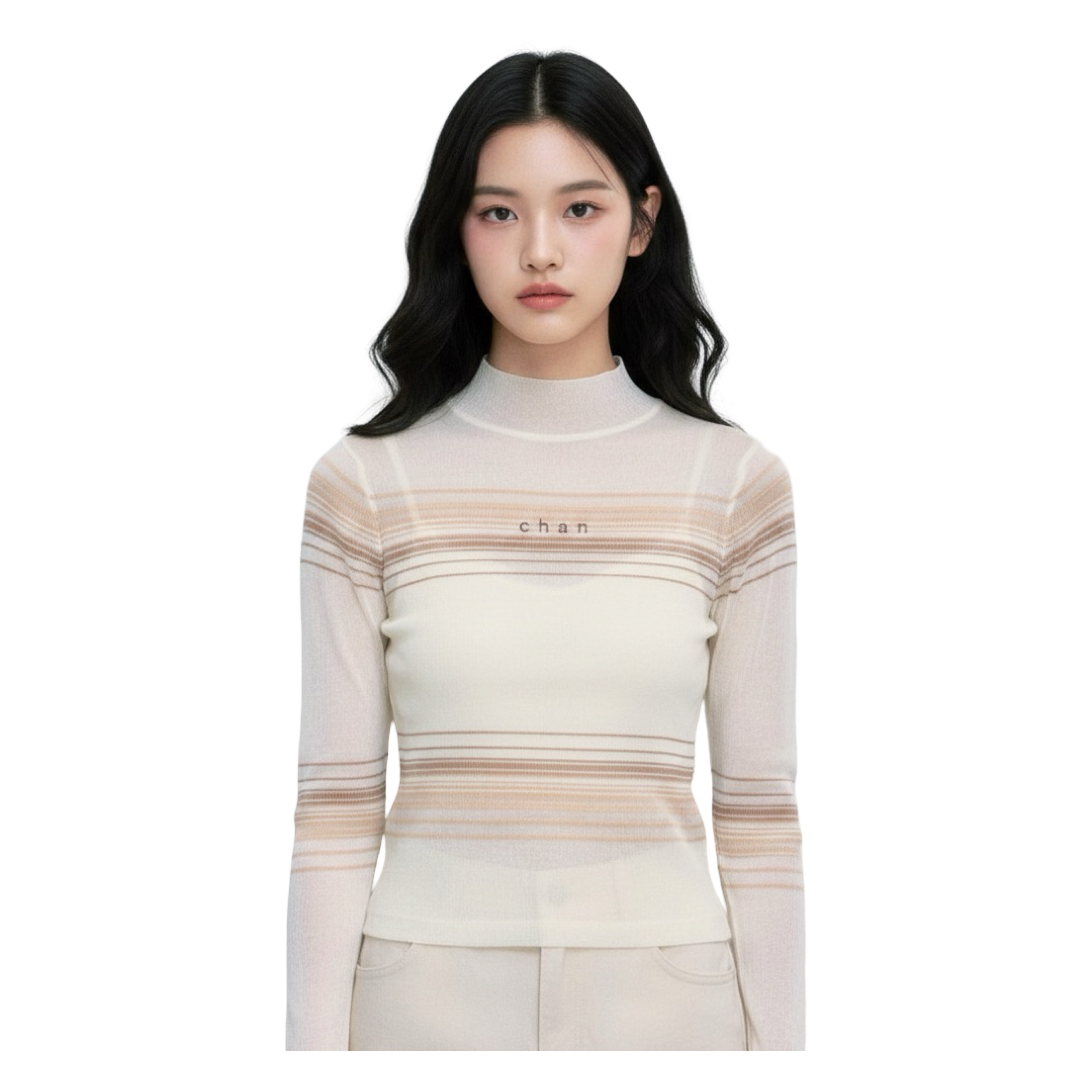 Long Sleeve Soft Stripe Knit Top – White Beige