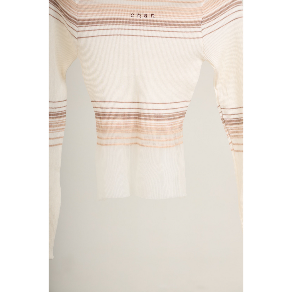 Long Sleeve Soft Stripe Knit Top – White Beige