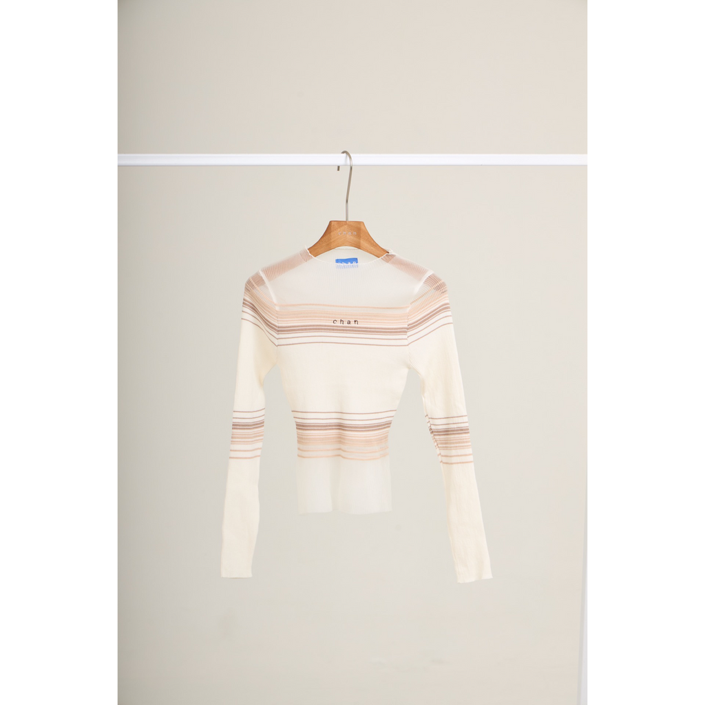 Long Sleeve Soft Stripe Knit Top – White Beige