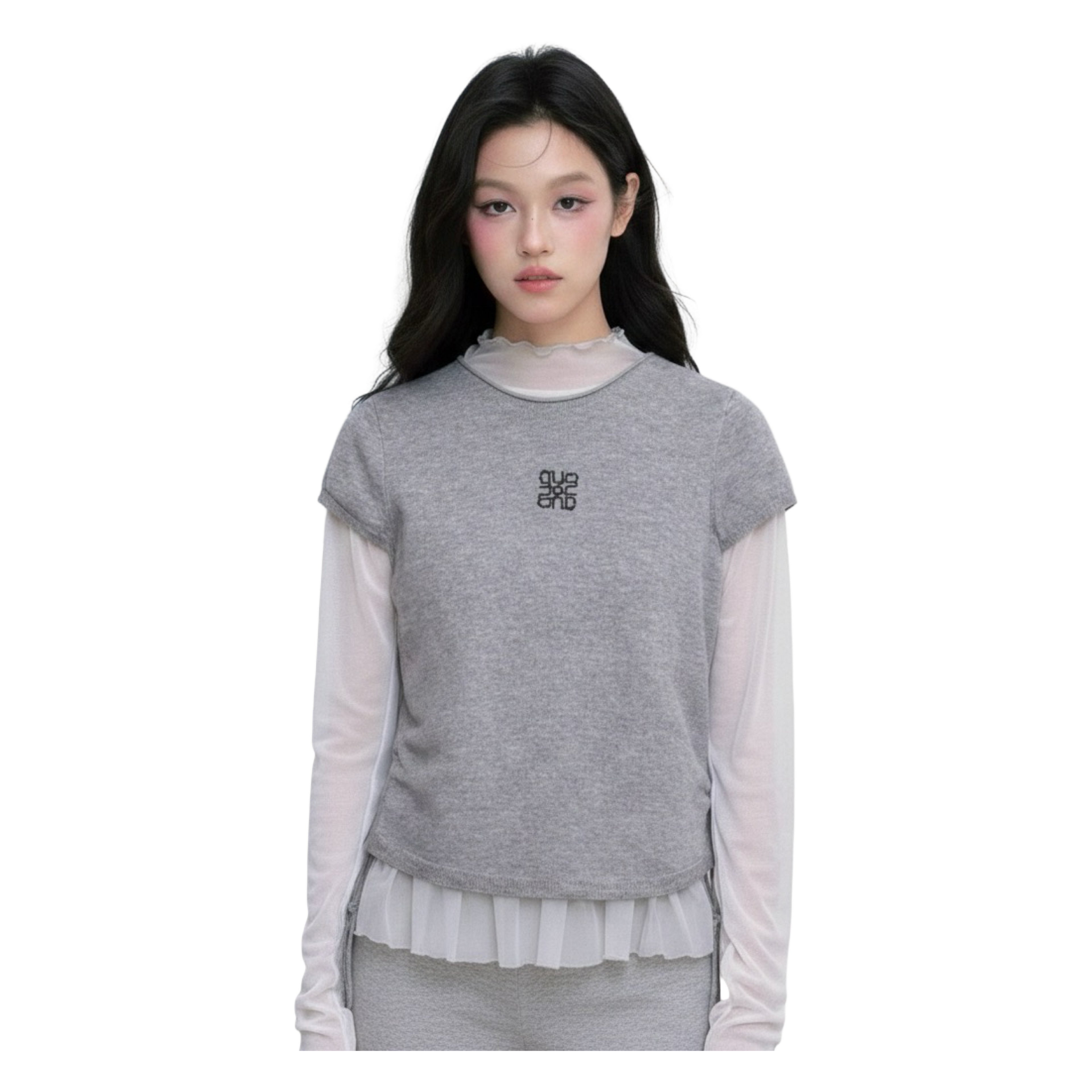 Mesh Layered Long Sleeve Top – Grey