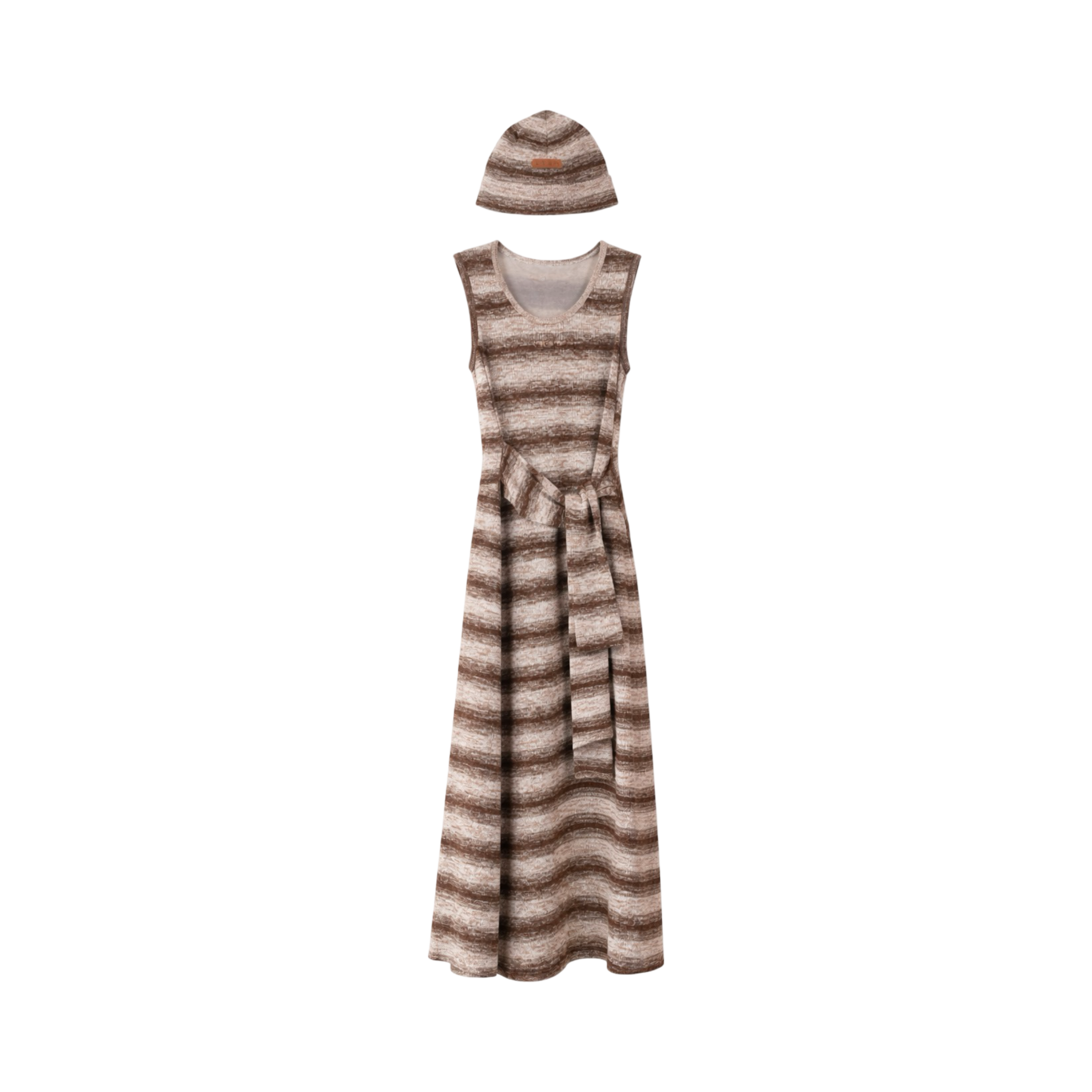 Striped Knit Sleeveless Dress & Beanie Set – Brown
