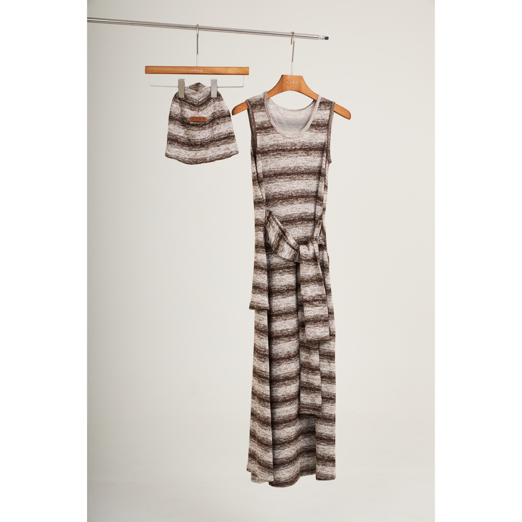 Striped Knit Sleeveless Dress & Beanie Set – Brown