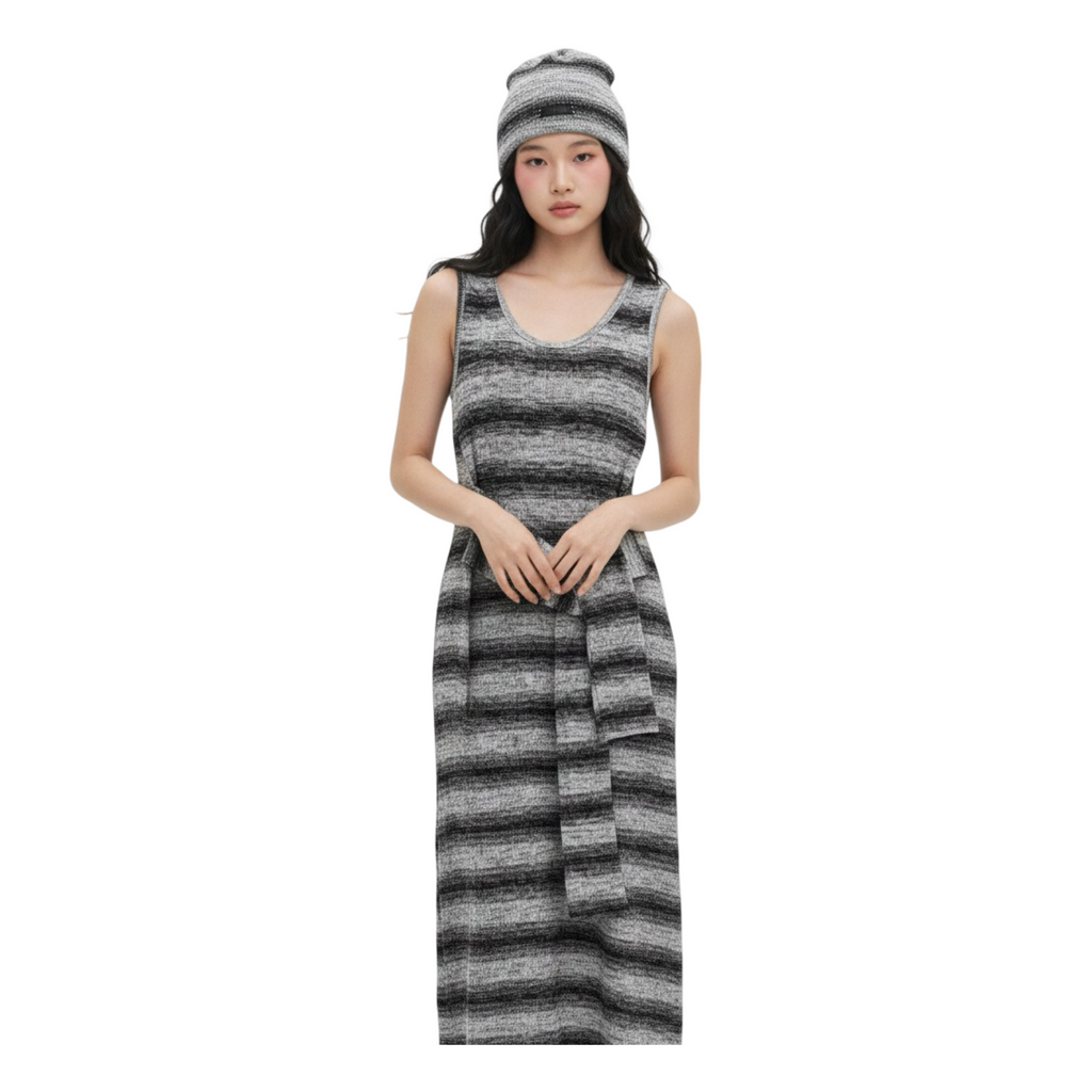 Striped Knit Sleeveless Dress & Beanie Set – Black