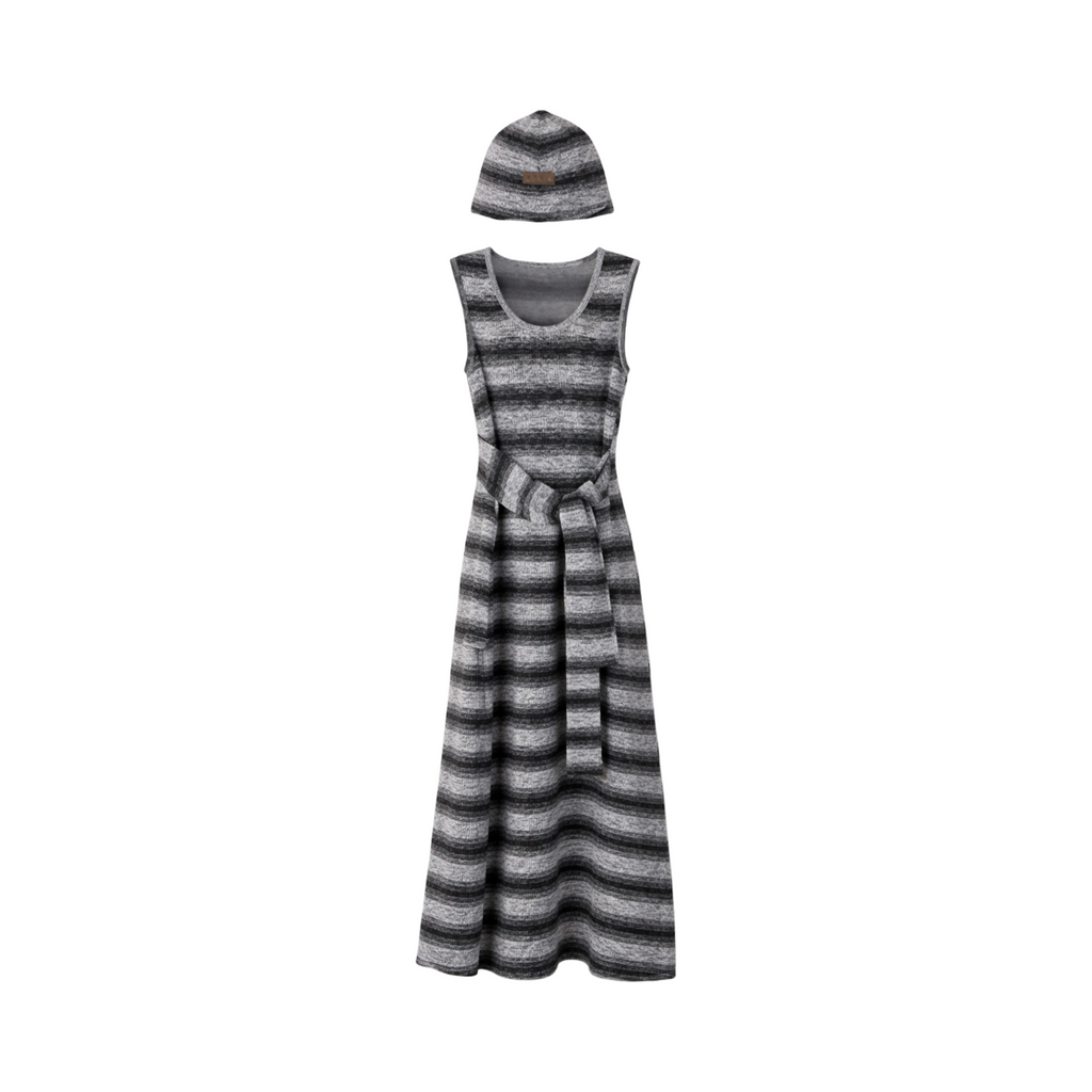 Striped Knit Sleeveless Dress & Beanie Set – Black