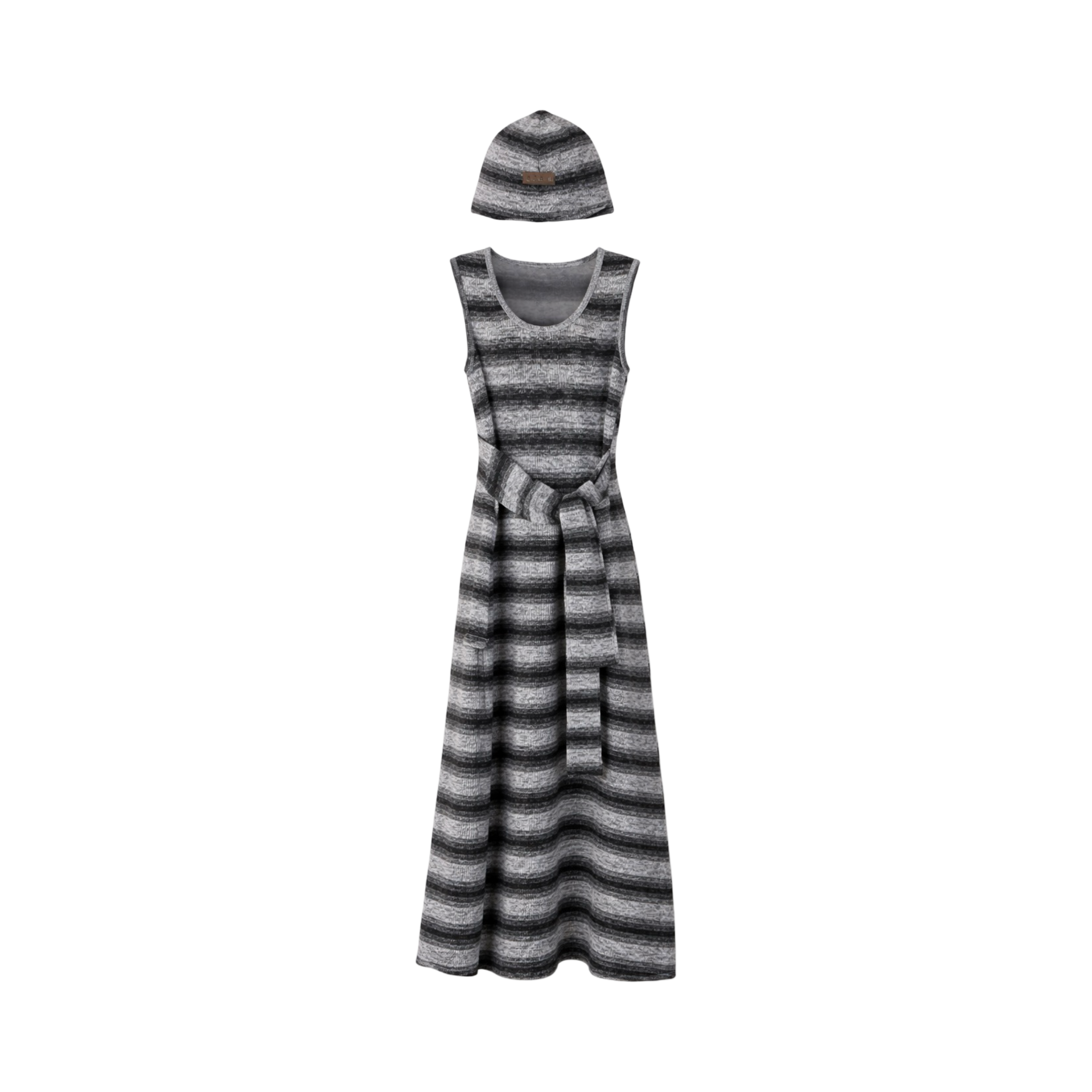 Striped Knit Sleeveless Dress & Beanie Set – Black