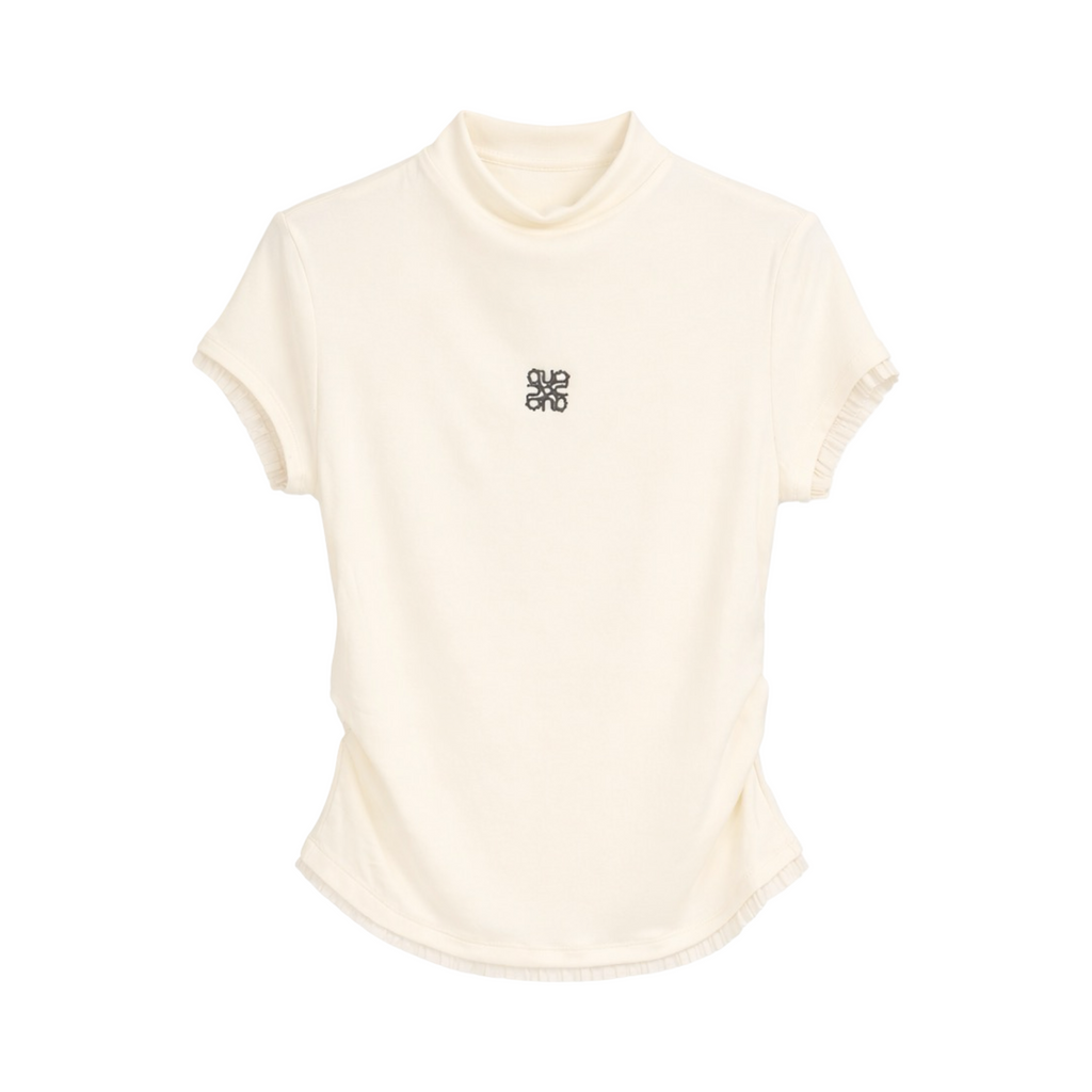 Pleated Trim Turtleneck Top – White