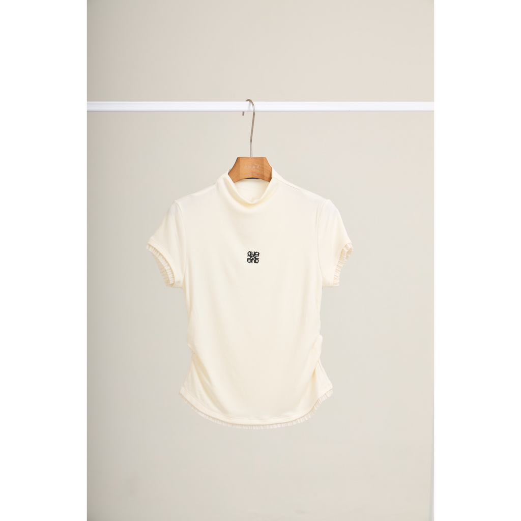 Pleated Trim Turtleneck Top – White