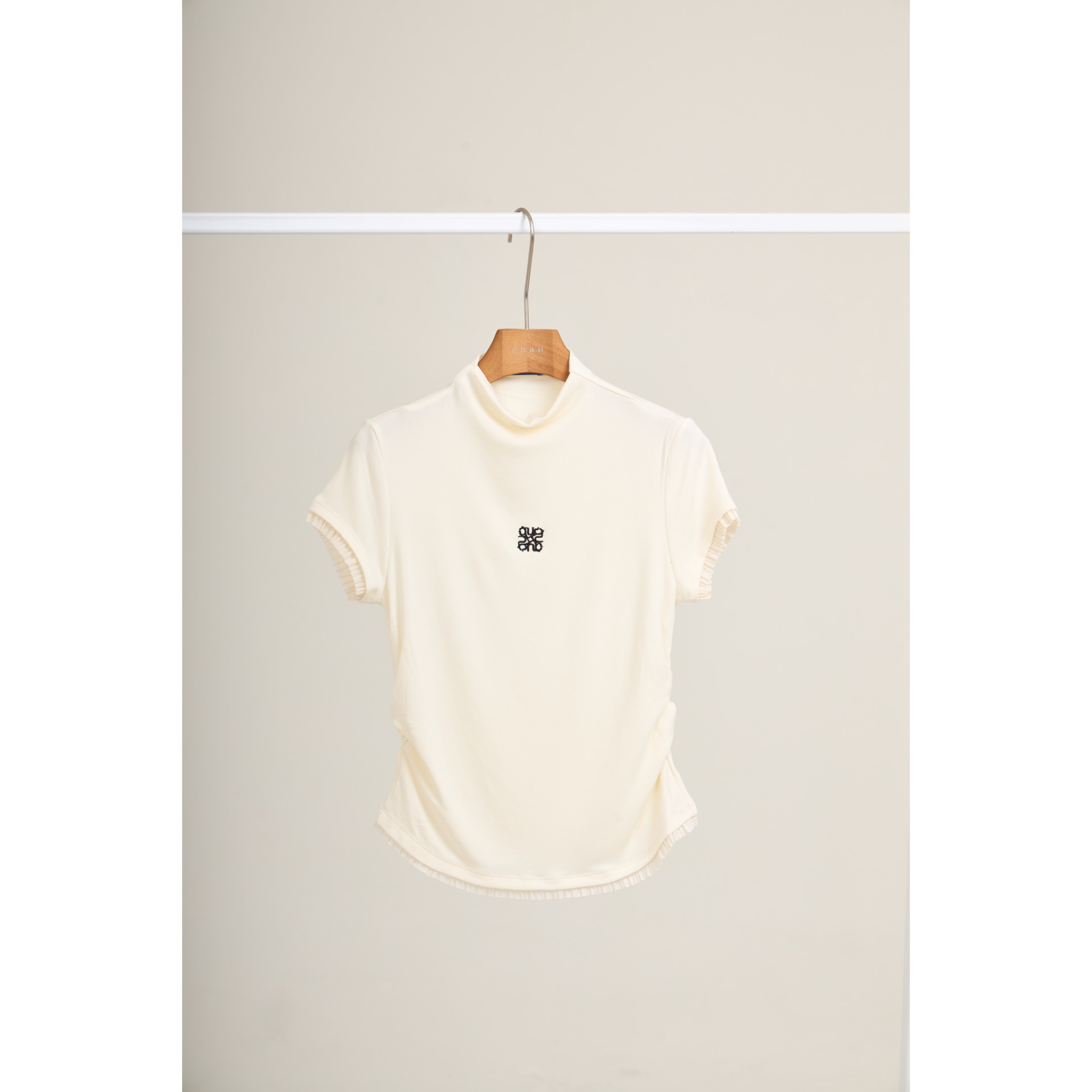 Pleated Trim Turtleneck Top – White