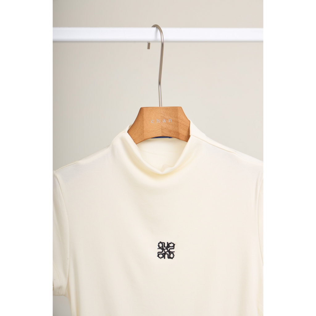 Pleated Trim Turtleneck Top – White