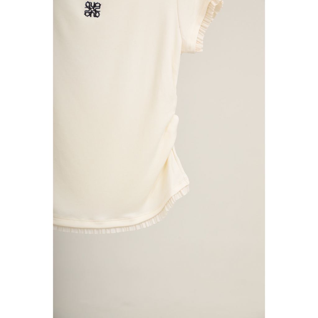 Pleated Trim Turtleneck Top – White