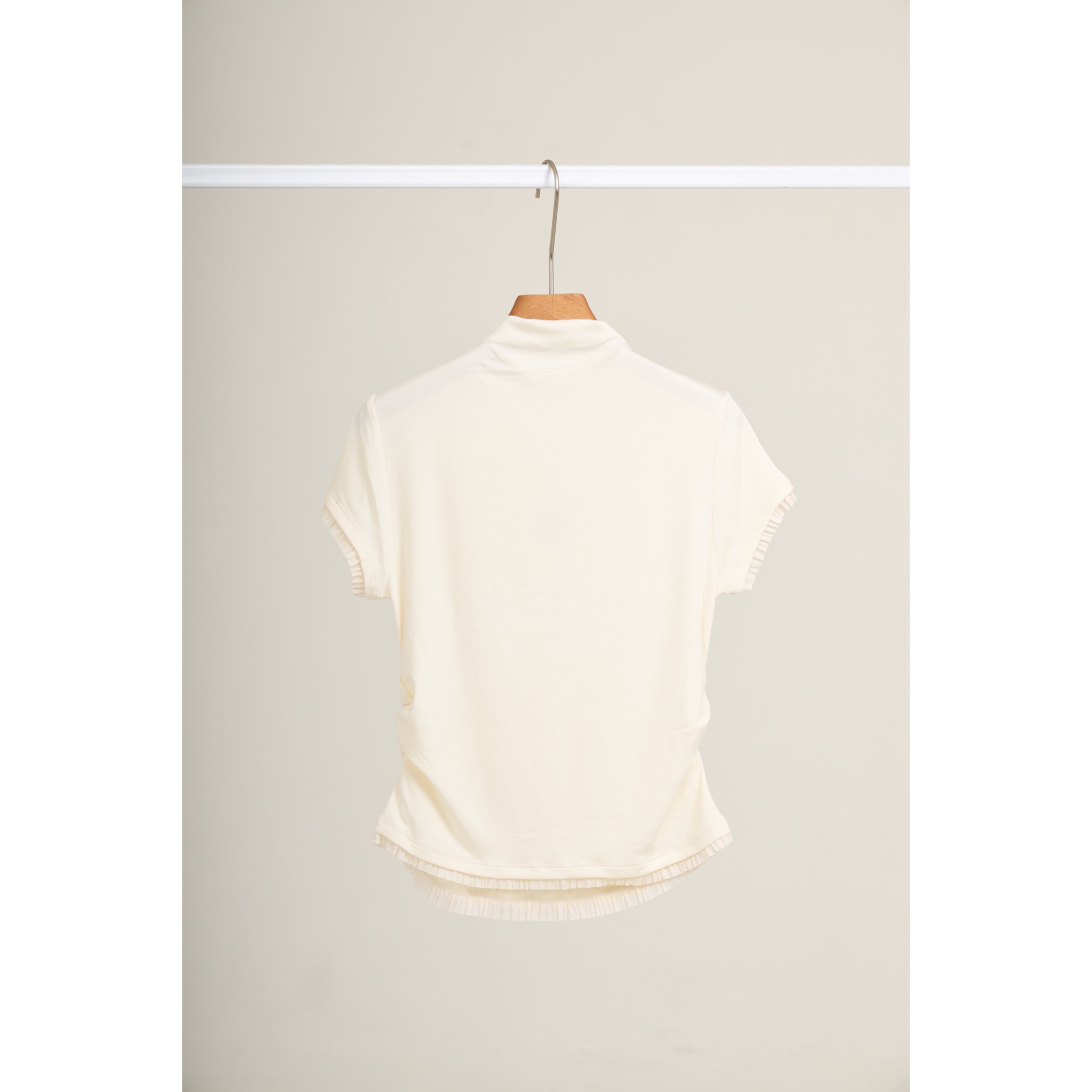 Pleated Trim Turtleneck Top – White