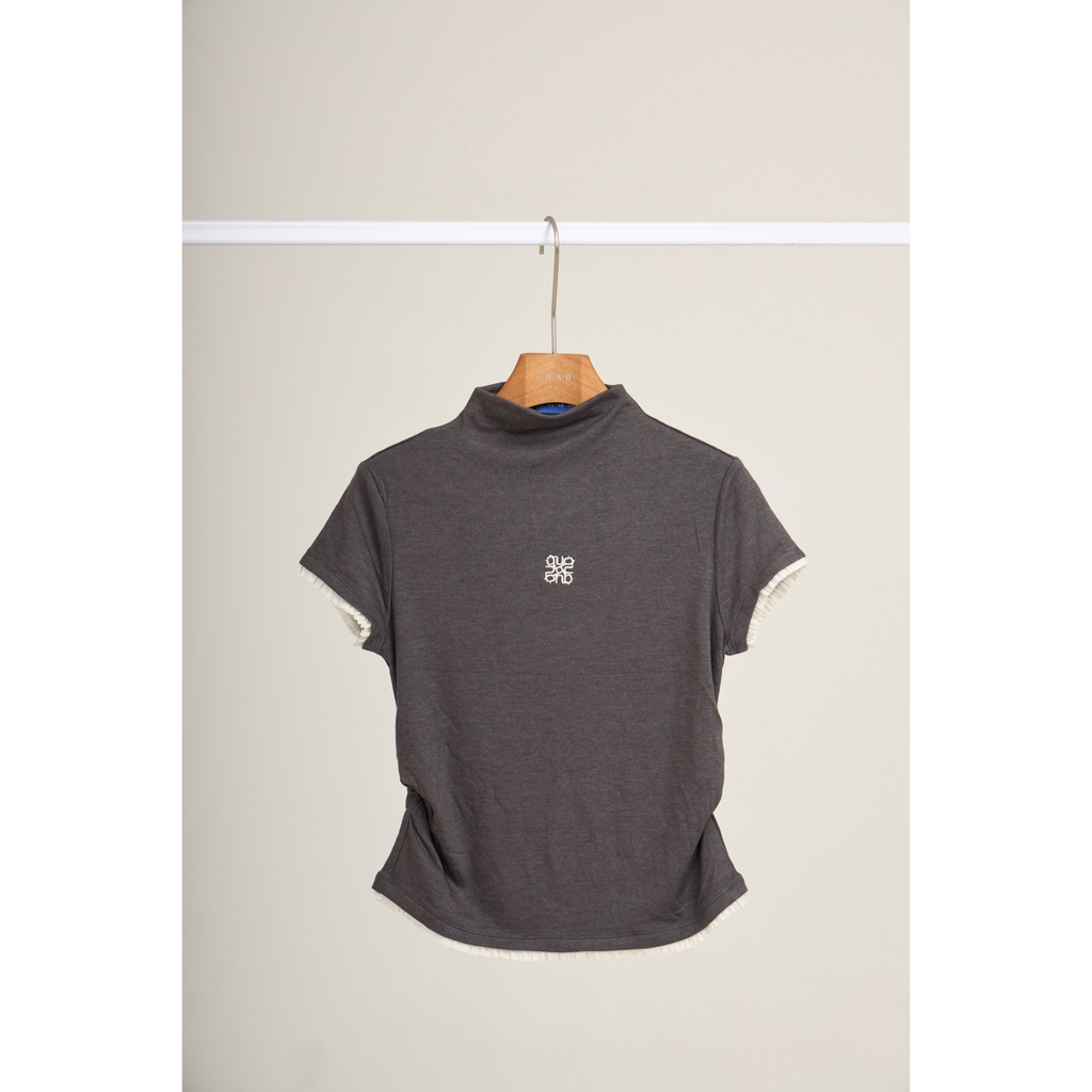 Pleated Trim Turtleneck Top – Charcoal