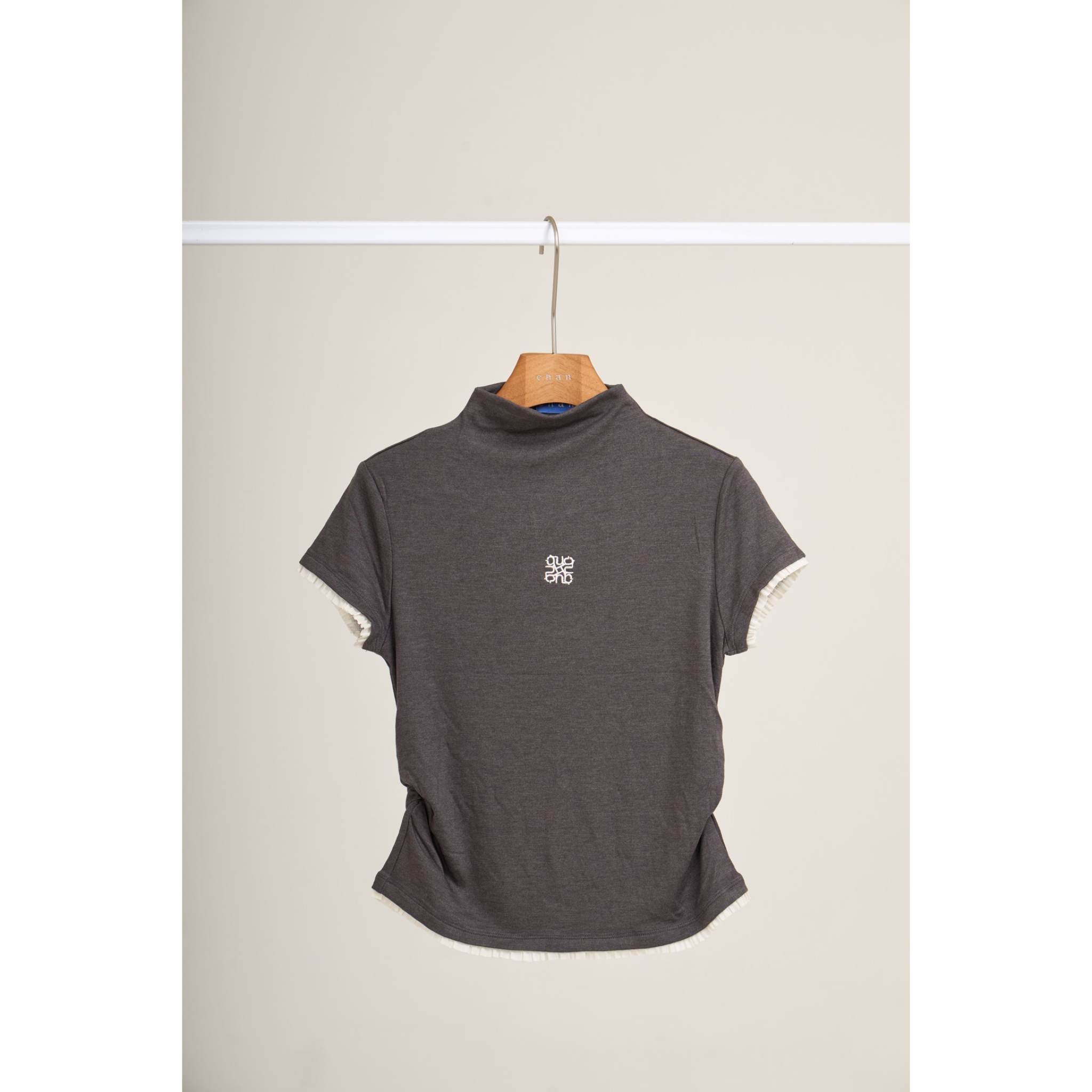 Pleated Trim Turtleneck Top – Charcoal