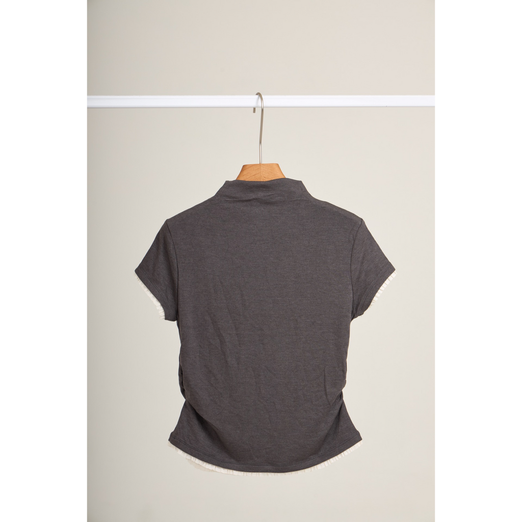 Pleated Trim Turtleneck Top – Charcoal