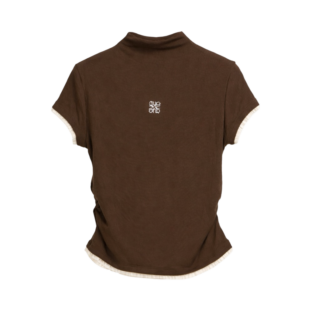 Pleated Trim Turtleneck Top – Brown