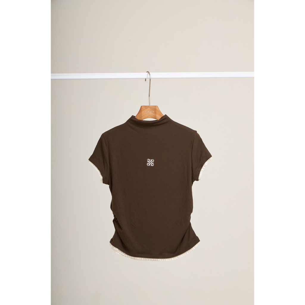 Pleated Trim Turtleneck Top – Brown