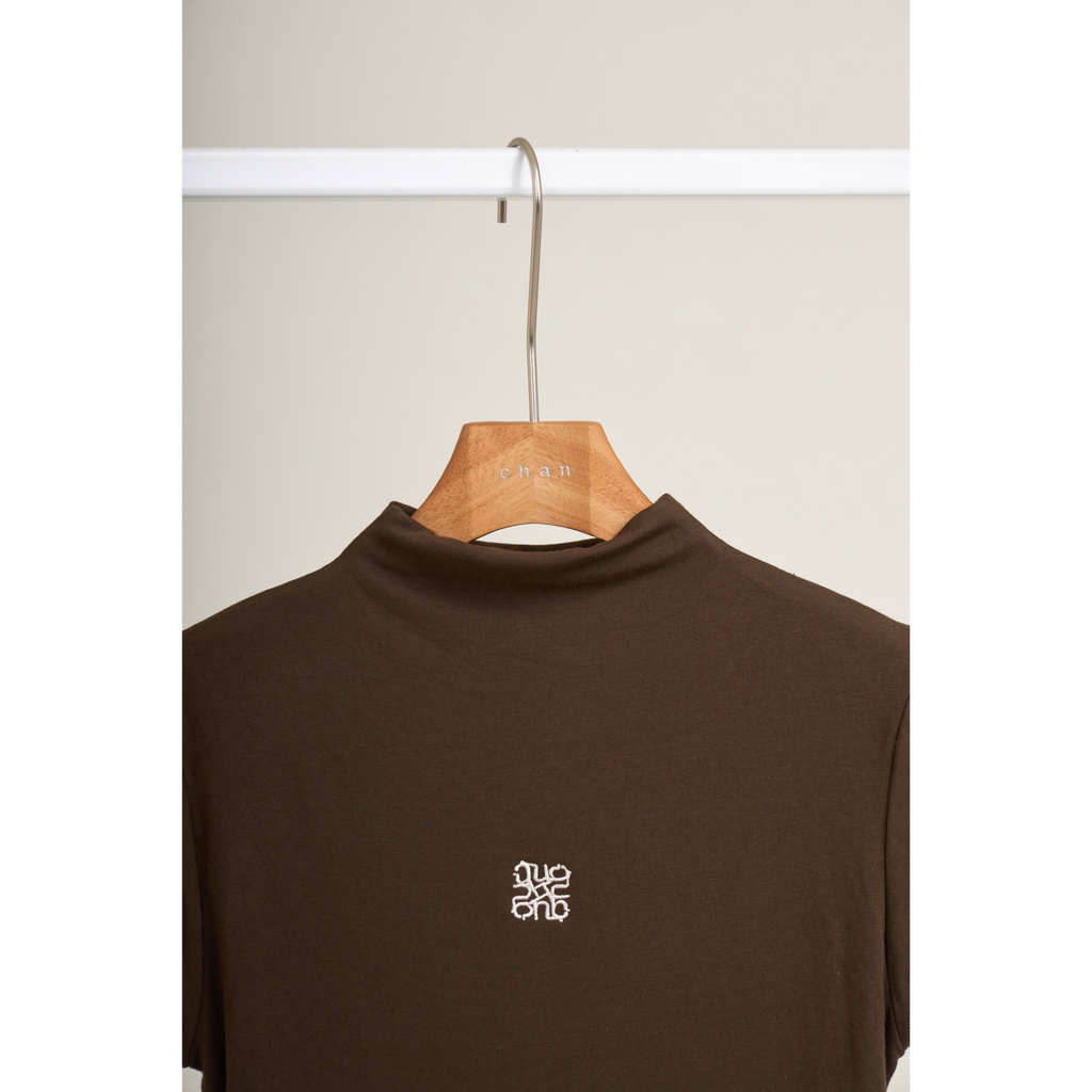 Pleated Trim Turtleneck Top – Brown