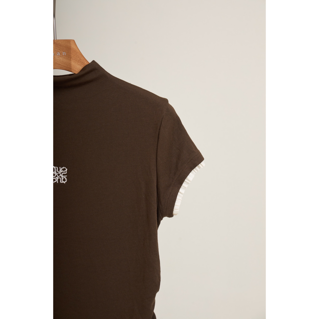 Pleated Trim Turtleneck Top – Brown